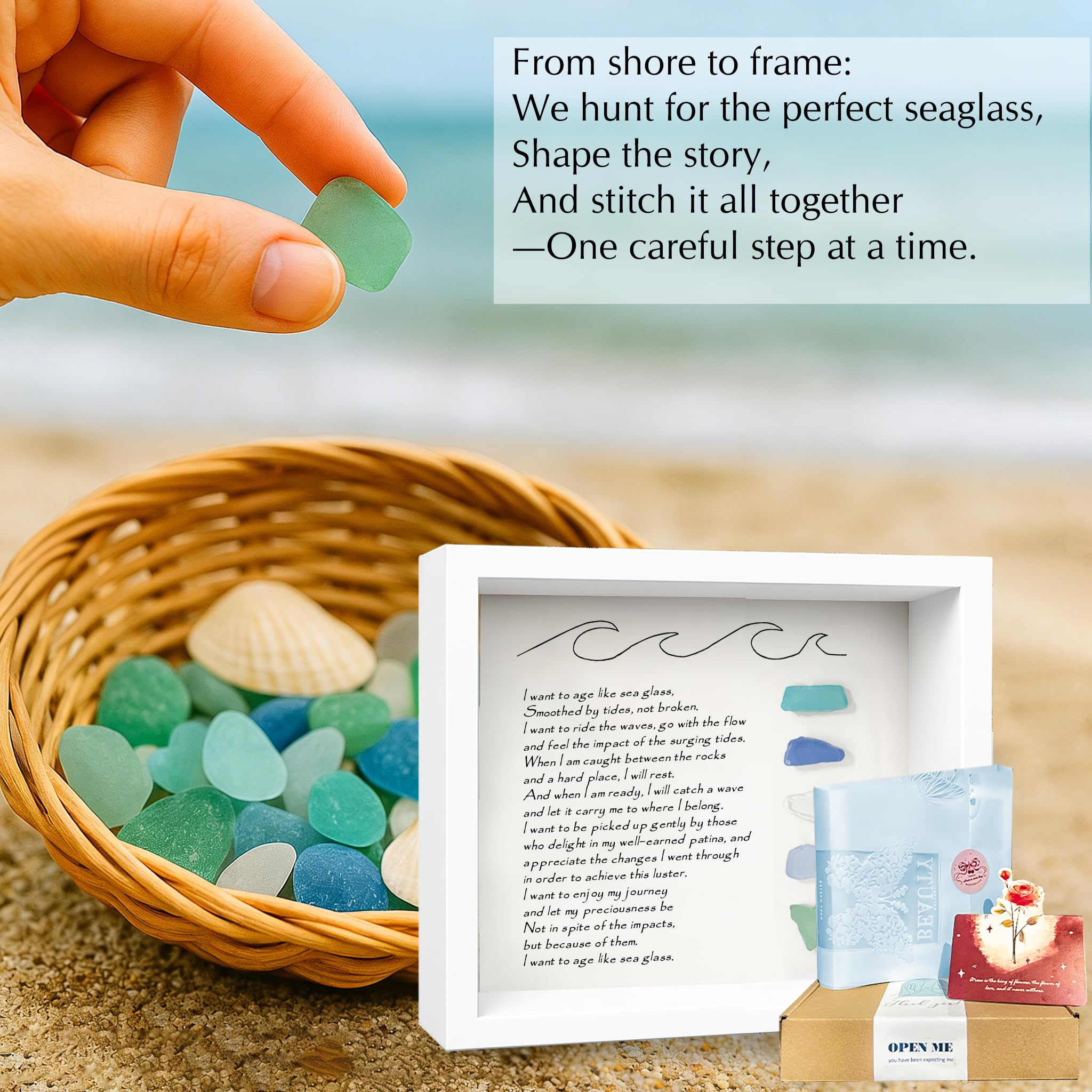 UQRUI Handmade Sea Glass Poem, Sea Glass Poetic Colorful Stone